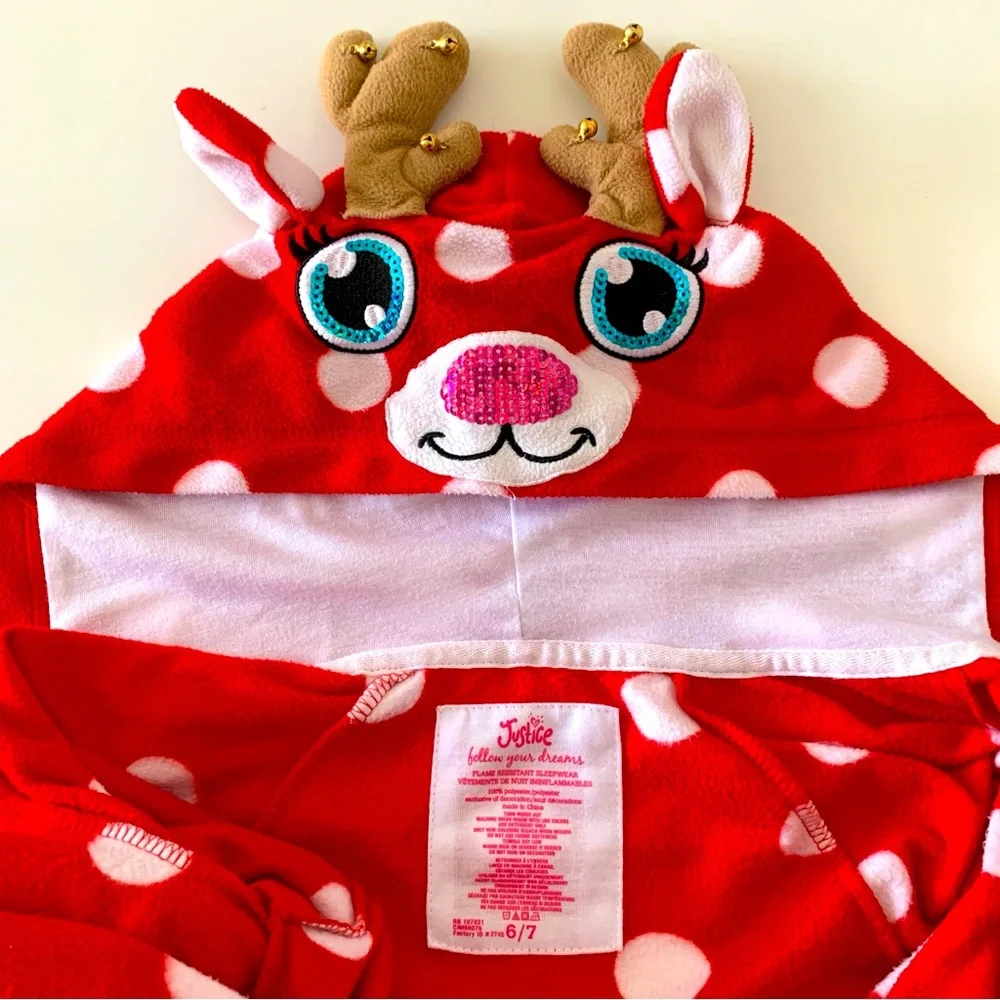 JUSTICE Girls Polka Dot Red Holiday Reindeer Hooded Zipper Bodysuit Footed P…